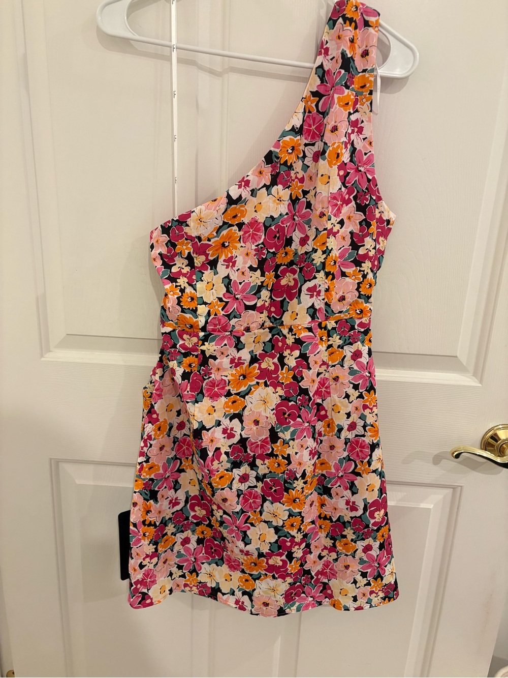 Floral One-Shoulder Mini Dress - Pink, Yellow, Orange, Green and Black - Picture 3 of 3